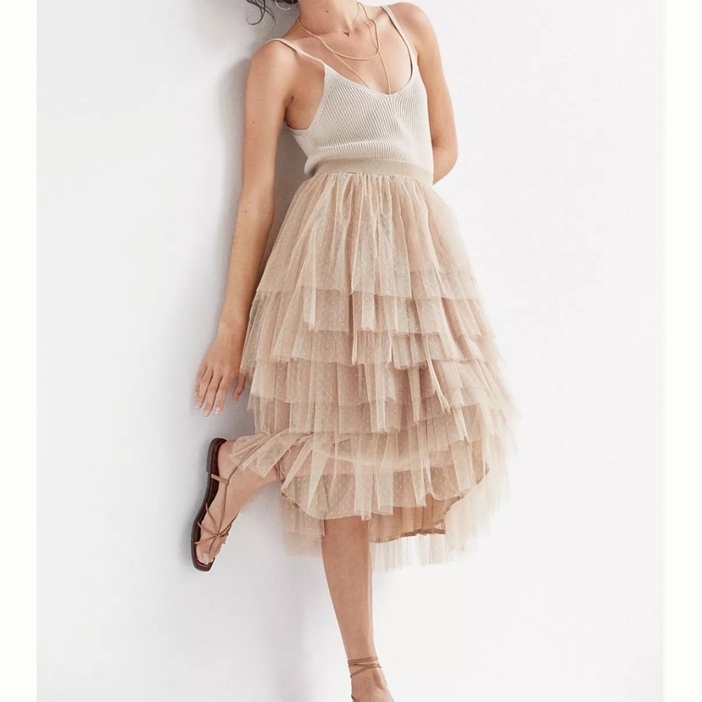 NWT Anthropologie Flounced Tulle Midi Skirt Size L